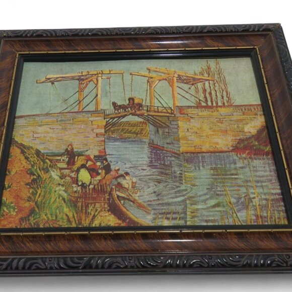 Van Gogh "Drawbridge" Framed Canvas Print In Brown Wood Frame 10" - Picture 4 of 7